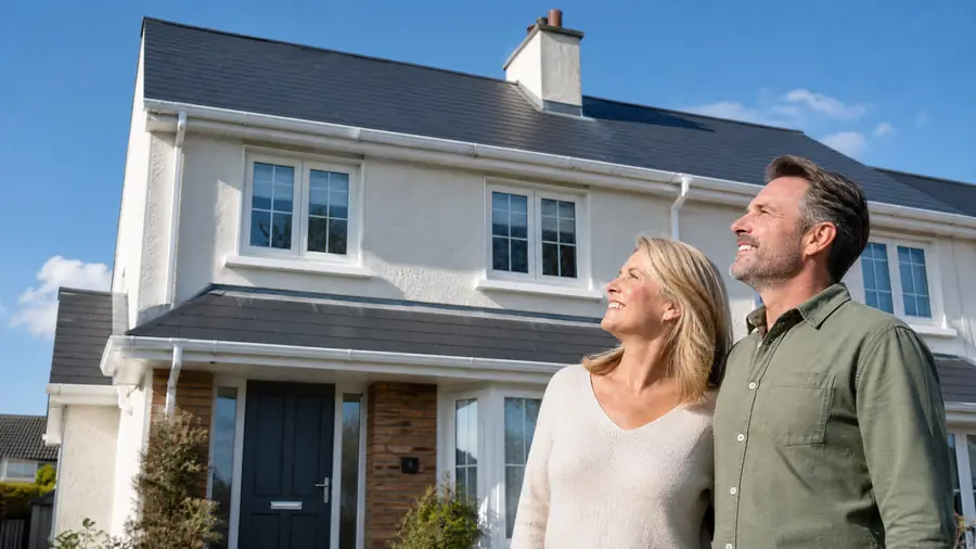 Happy Dublin homeowners standing in front of their finished roof