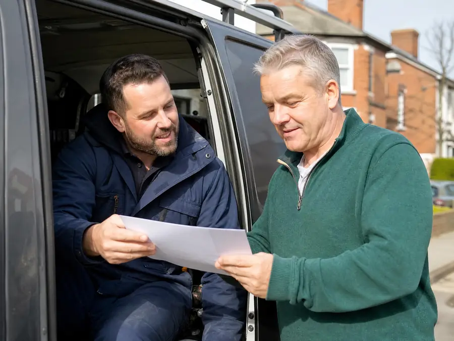 Roofer handing a written quote to a Dublin homeowner